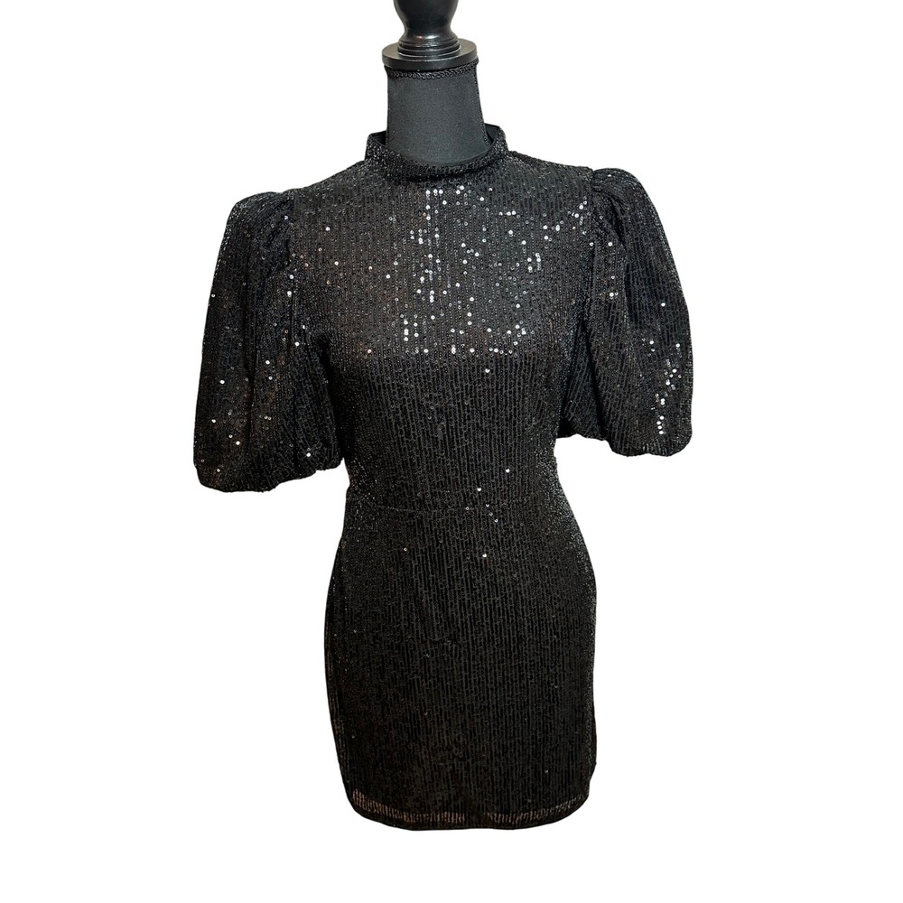 Camila Coelho Black Sequin Puff Sleeve Open Back Mini Dress Small Holiday